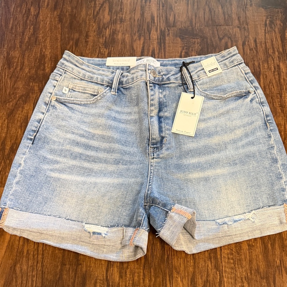 Judy Blue Women's Jean Shorts in Blue, Black, and White - Picture 2 of 16